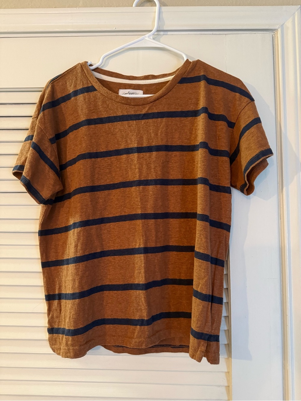 Carly Jean Los Angeles Rust Brown and Navy Striped Short Sleeve Tee